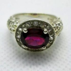 Designer Signed  Rhodolite Garnet And White Topaz Halo Ring